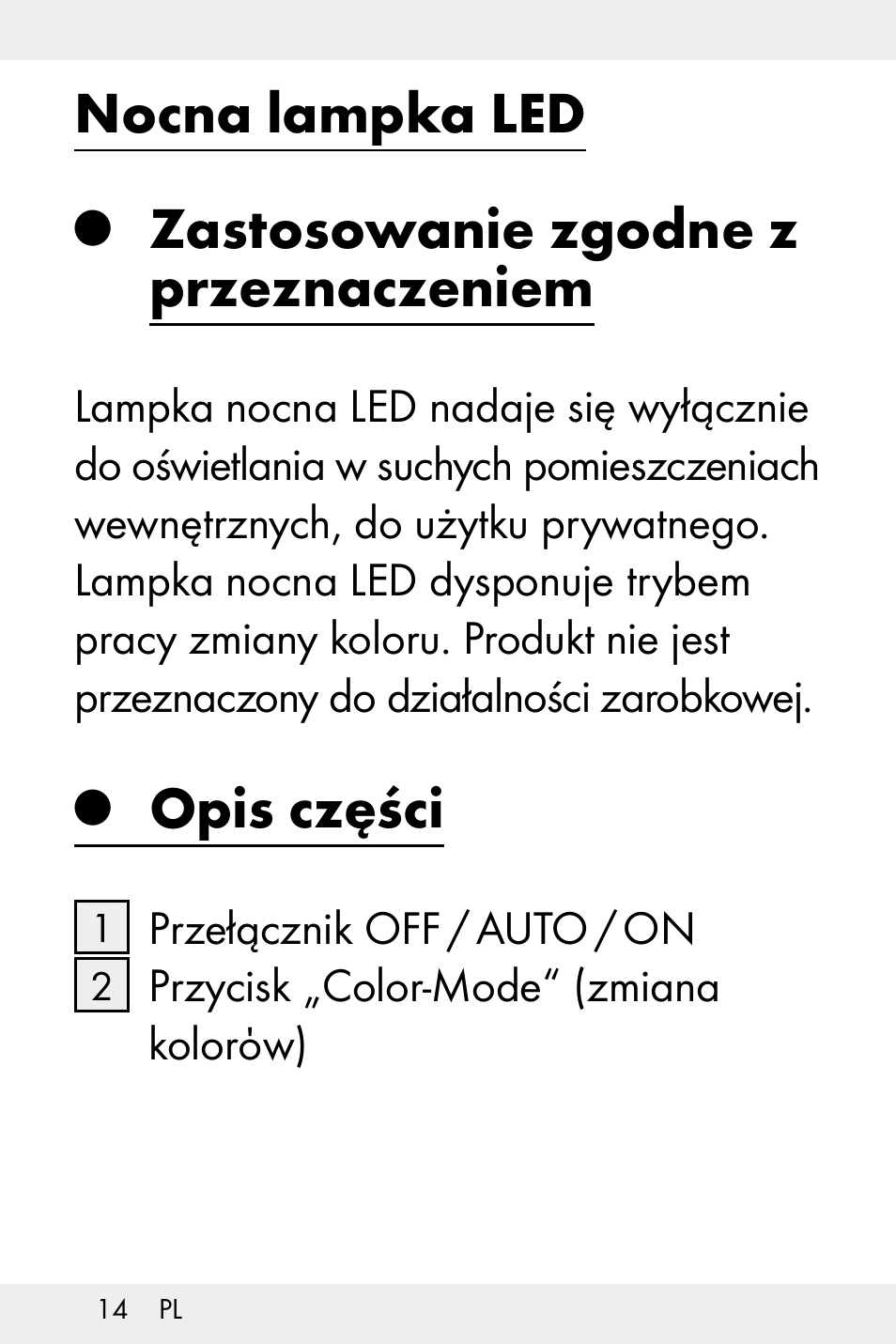 Nocna lampka led, Zastosowanie zgodne z przeznaczeniem, Opis części | Livarno Z31499A-BS User Manual | Page 14 / 74