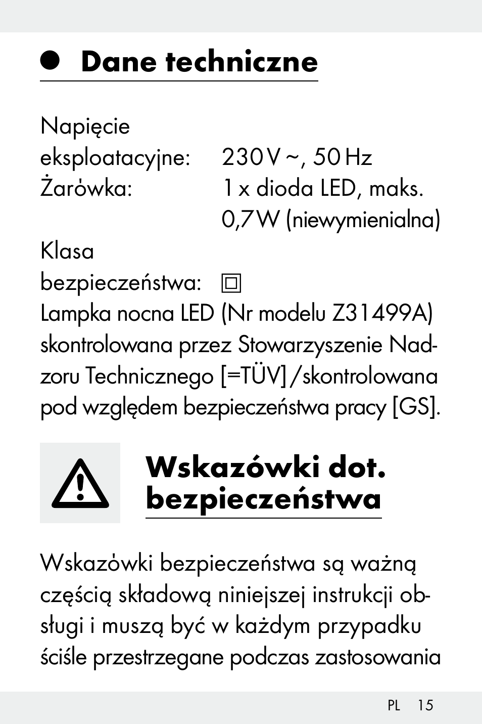 Dane techniczne, Wskazówki dot. bezpieczeństwa | Livarno Z31499A-BS User Manual | Page 15 / 74