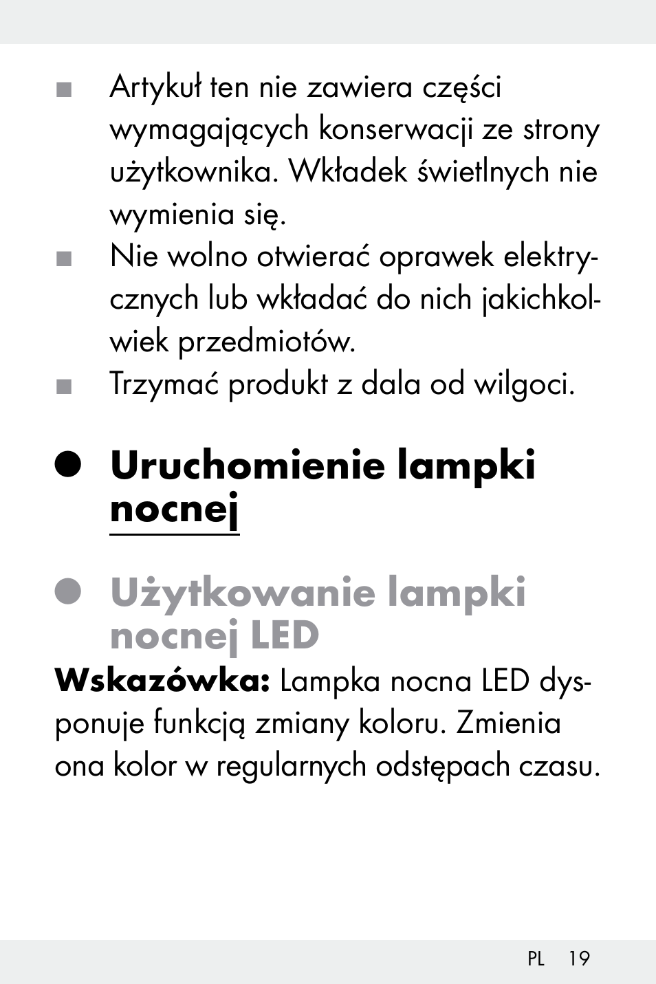 Uruchomienie lampki nocnej, Użytkowanie lampki nocnej led | Livarno Z31499A-BS User Manual | Page 19 / 74