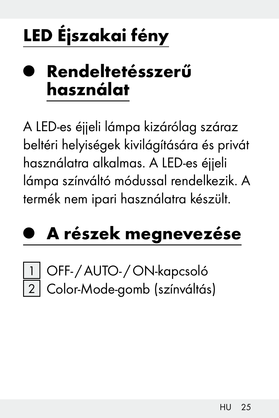 Led éjszakai fény, Rendeltetésszerű használat, A részek megnevezése | Livarno Z31499A-BS User Manual | Page 25 / 74