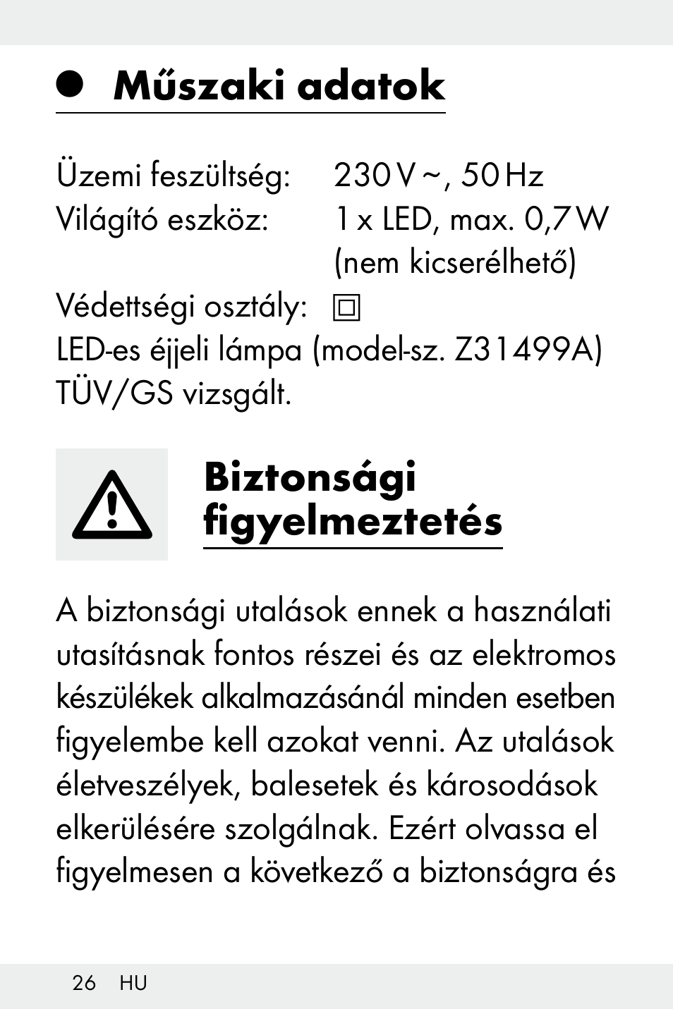 Műszaki adatok, Biztonsági figyelmeztetés | Livarno Z31499A-BS User Manual | Page 26 / 74