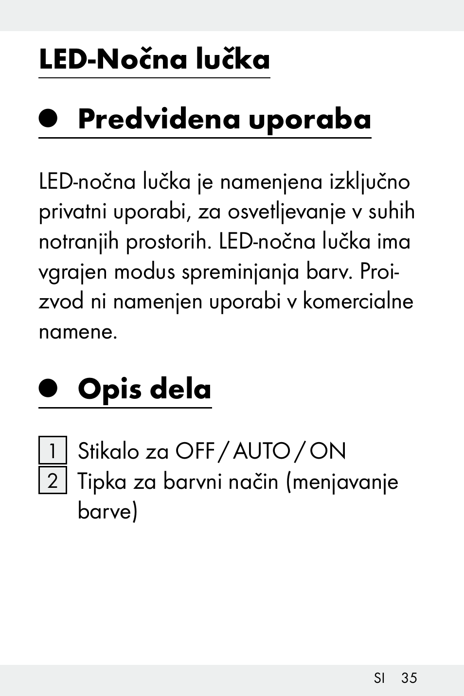 Led-nočna lučka, Predvidena uporaba, Opis dela | Livarno Z31499A-BS User Manual | Page 35 / 74
