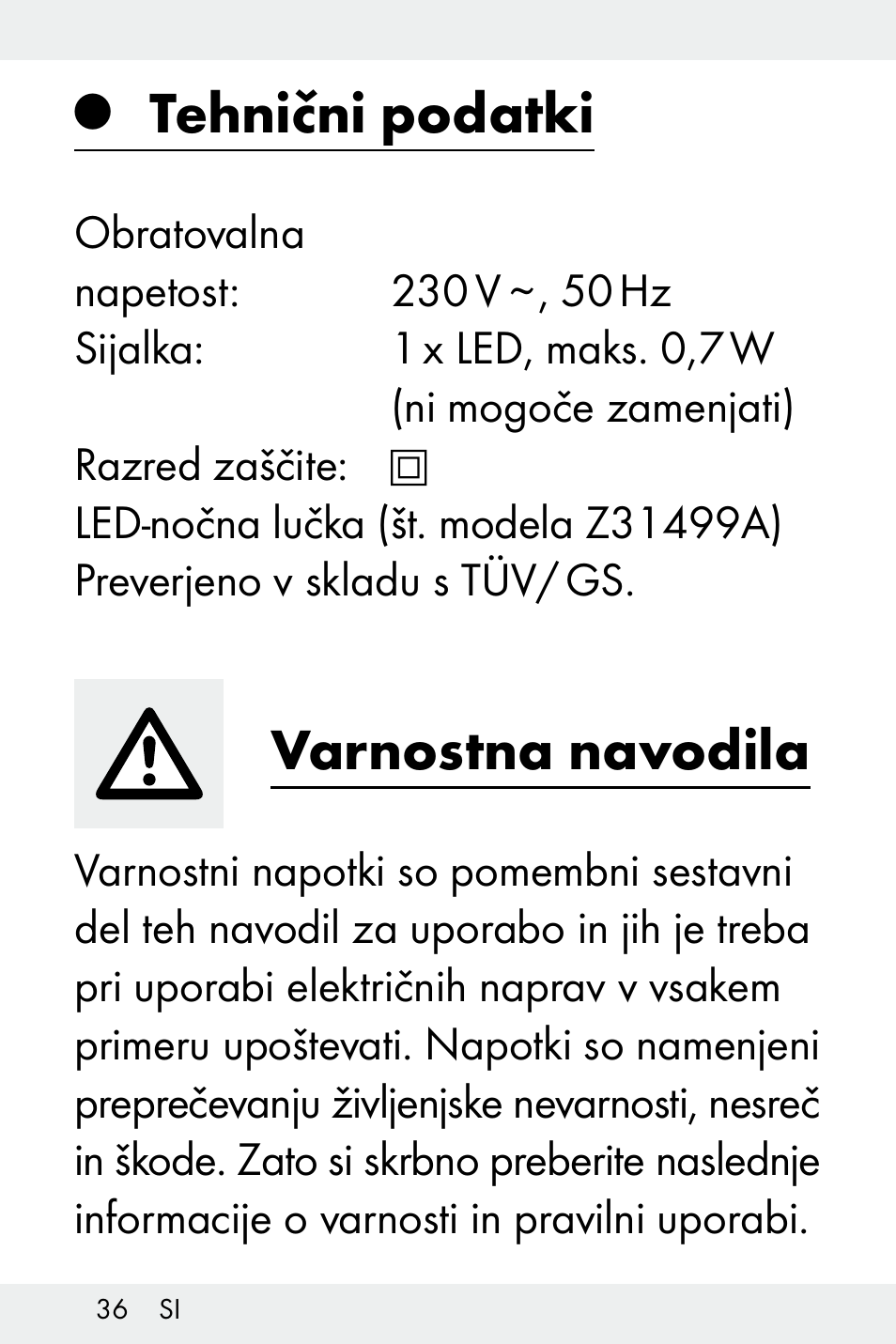 Tehnični podatki, Varnostna navodila | Livarno Z31499A-BS User Manual | Page 36 / 74