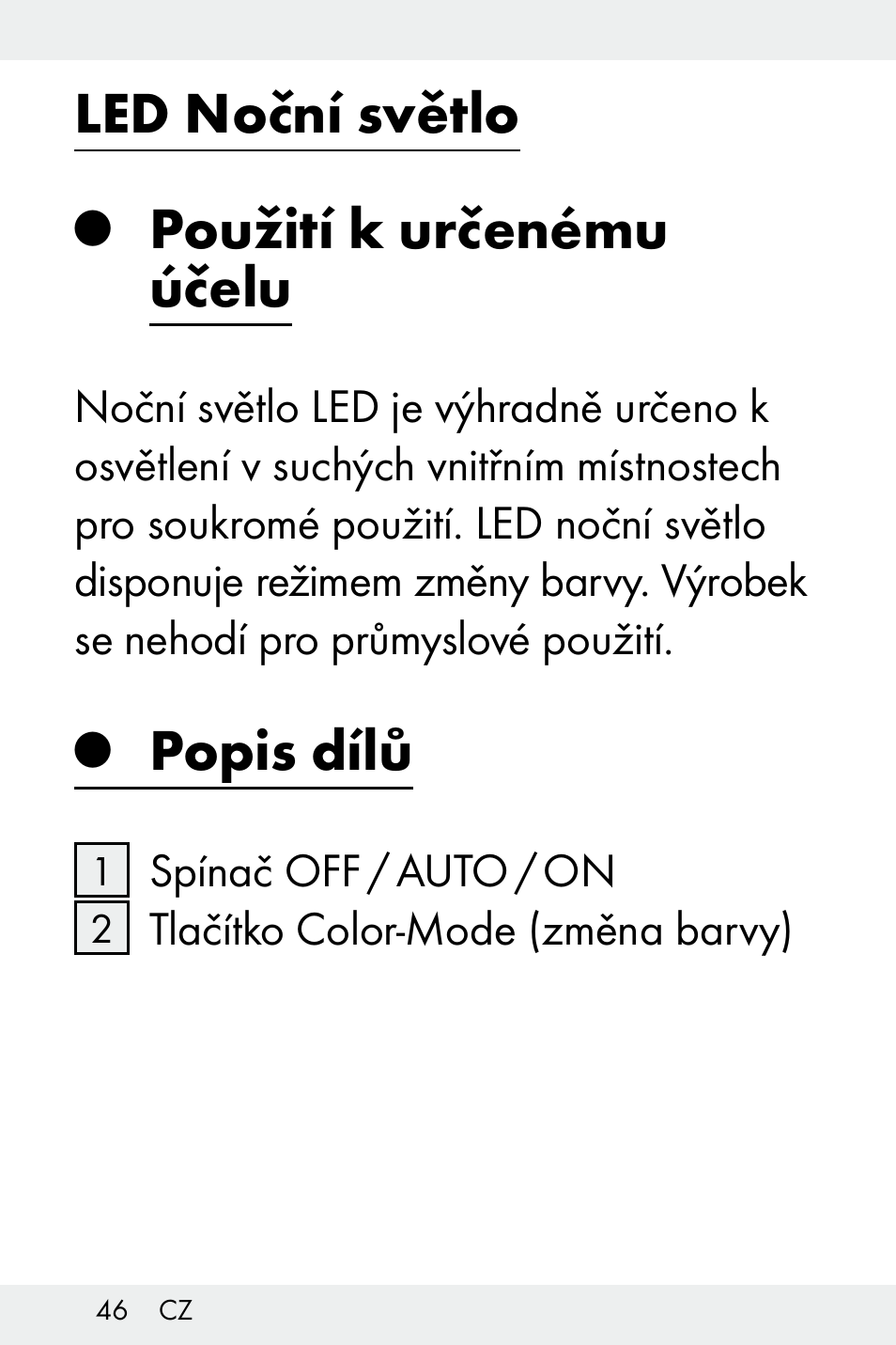 Led noční světlo, Použití k určenému účelu, Popis dílů | Livarno Z31499A-BS User Manual | Page 46 / 74