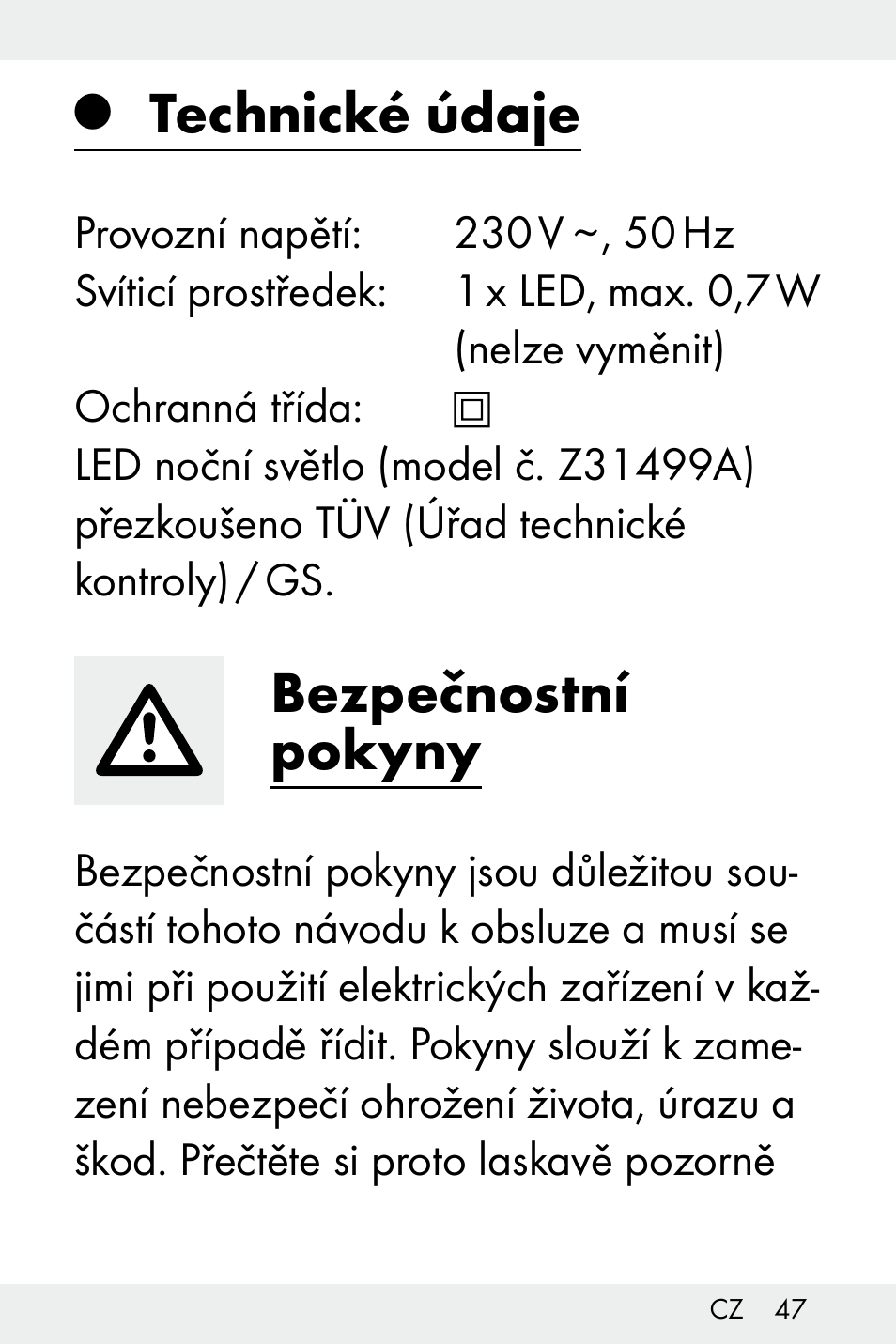 Technické údaje, Bezpečnostní pokyny | Livarno Z31499A-BS User Manual | Page 47 / 74