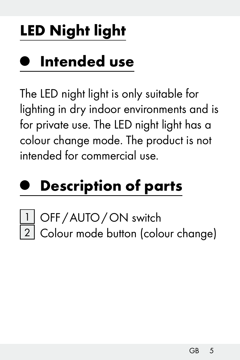 Led night light, Intended use, Description of parts | Livarno Z31499A-BS User Manual | Page 5 / 74
