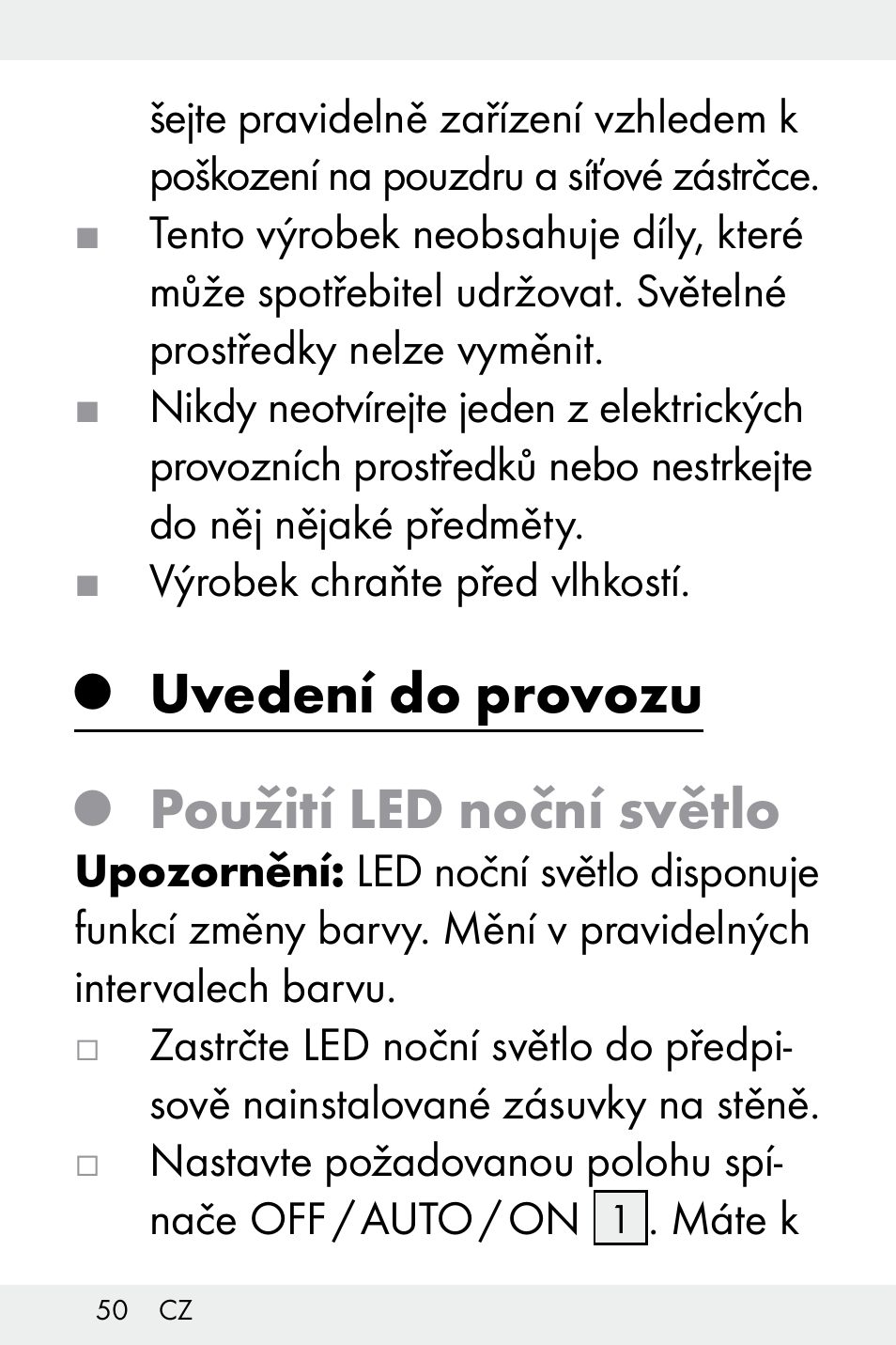 Uvedení do provozu, Použití led noční světlo | Livarno Z31499A-BS User Manual | Page 50 / 74