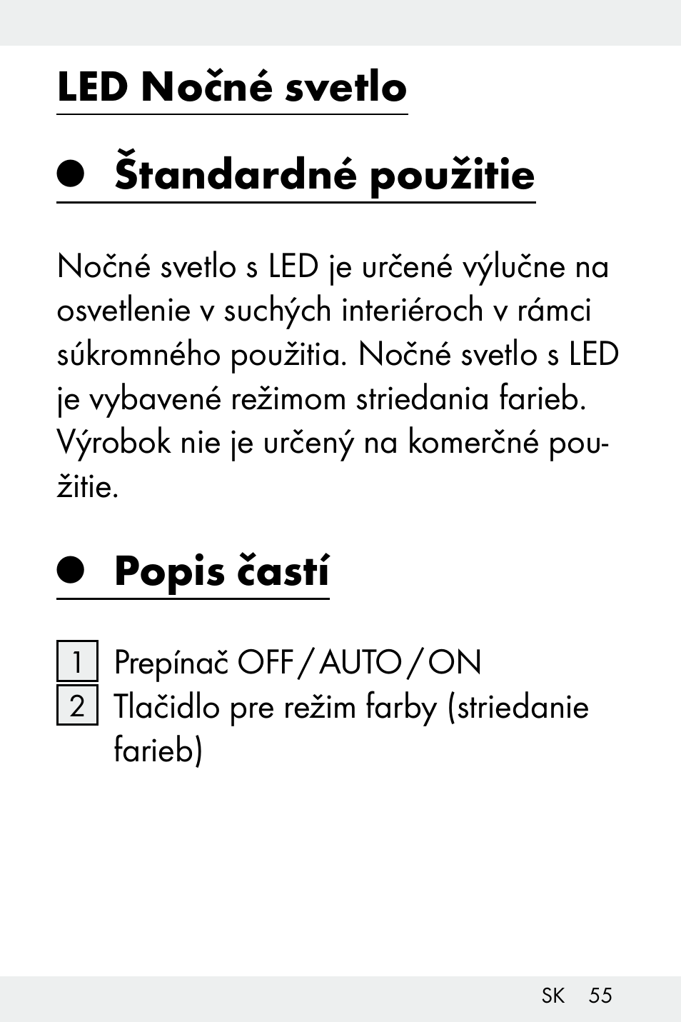 Led nočné svetlo, Štandardné použitie, Popis častí | Livarno Z31499A-BS User Manual | Page 55 / 74