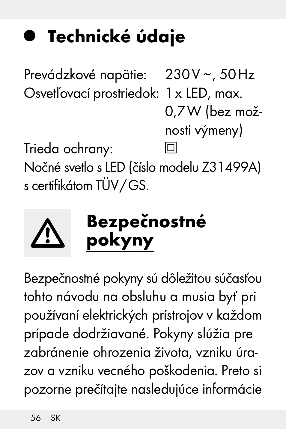 Technické údaje, Bezpečnostné pokyny | Livarno Z31499A-BS User Manual | Page 56 / 74