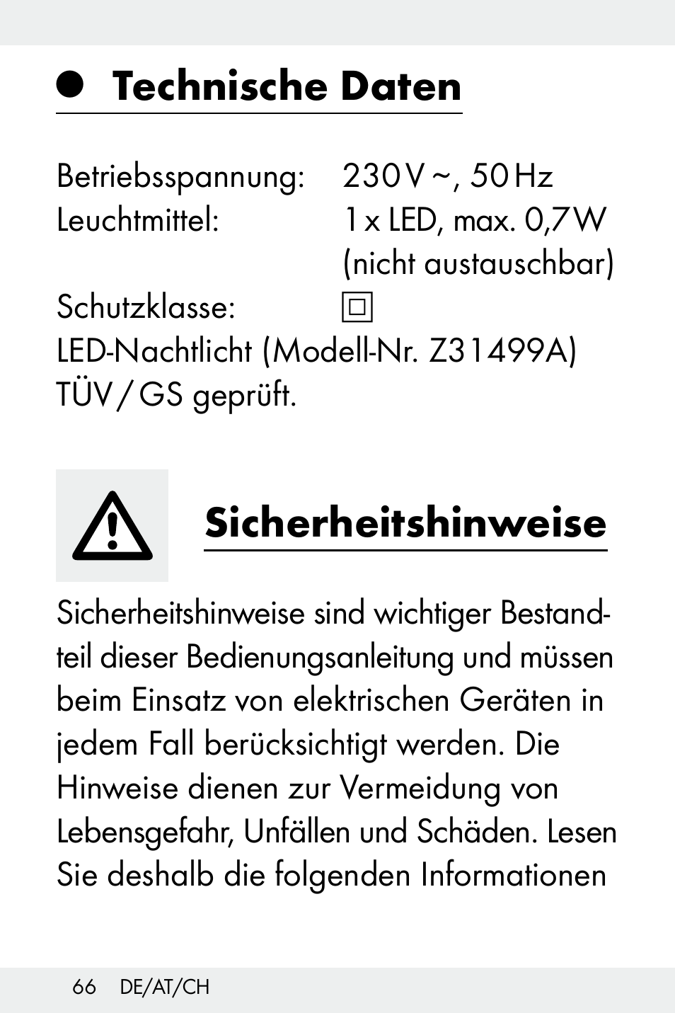 Technische daten, Sicherheitshinweise | Livarno Z31499A-BS User Manual | Page 66 / 74