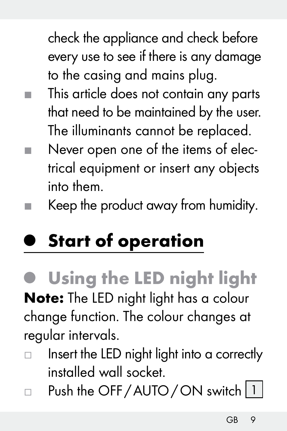 Start of operation, Using the led night light | Livarno Z31499A-BS User Manual | Page 9 / 74