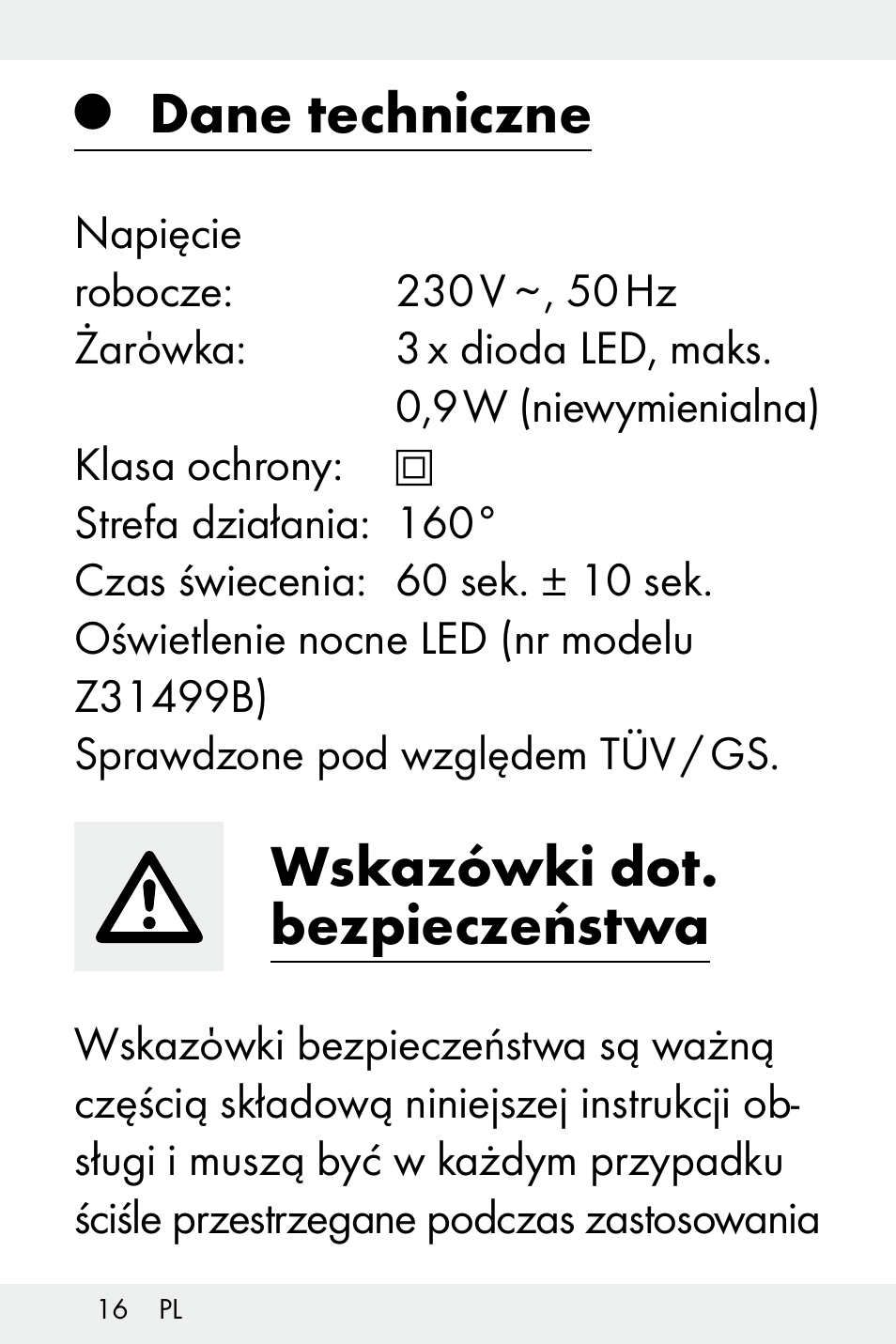 Dane techniczne, Wskazówki dot. bezpieczeństwa | Livarno Z31499B-BS User Manual | Page 16 / 75