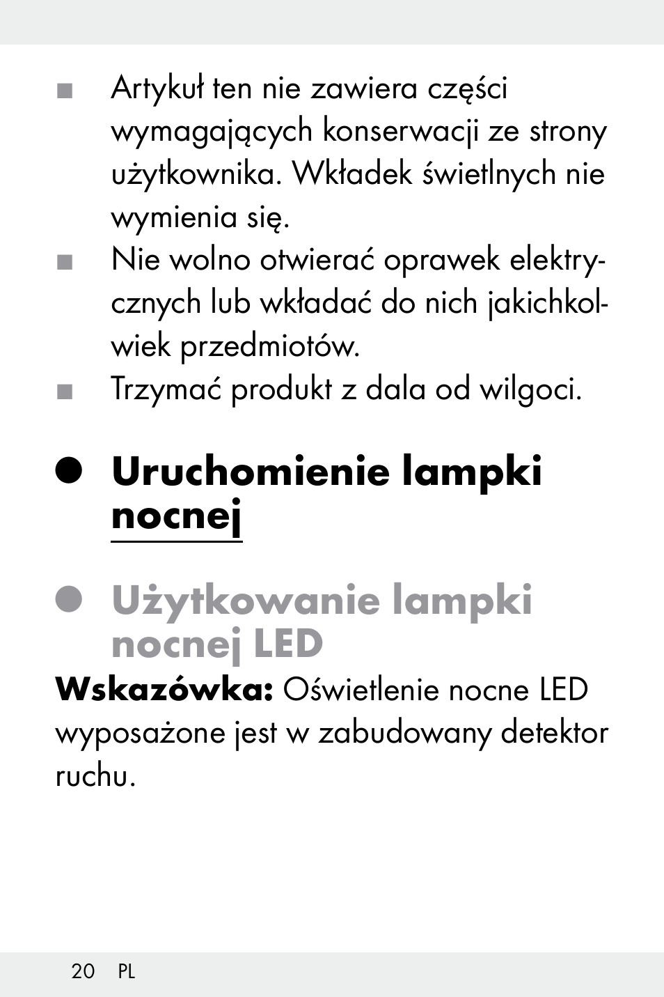 Uruchomienie lampki nocnej, Użytkowanie lampki nocnej led | Livarno Z31499B-BS User Manual | Page 20 / 75