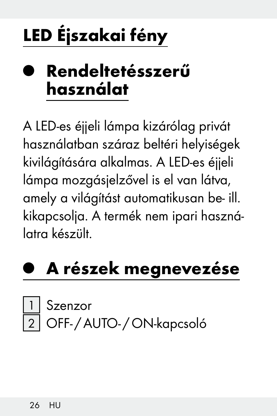 Led éjszakai fény, Rendeltetésszerű használat, A részek megnevezése | Livarno Z31499B-BS User Manual | Page 26 / 75