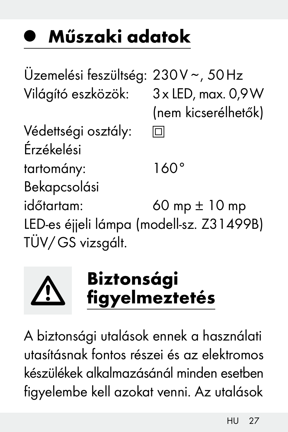 Műszaki adatok, Biztonsági figyelmeztetés | Livarno Z31499B-BS User Manual | Page 27 / 75