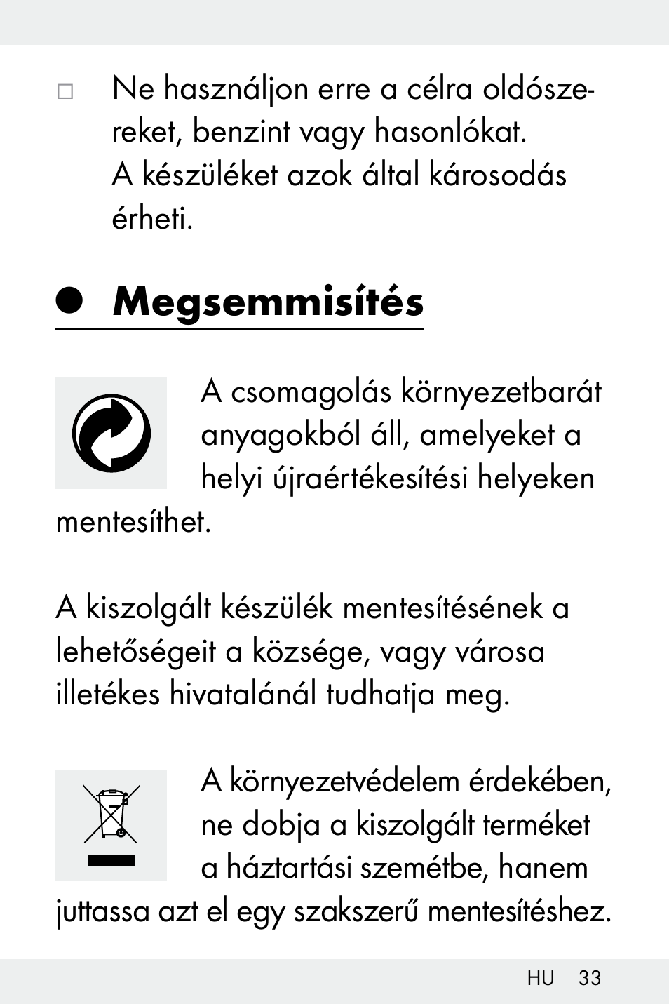 Megsemmisítés | Livarno Z31499B-BS User Manual | Page 33 / 75