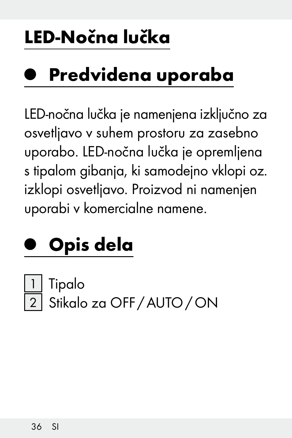 Led-nočna lučka, Predvidena uporaba, Opis dela | Livarno Z31499B-BS User Manual | Page 36 / 75