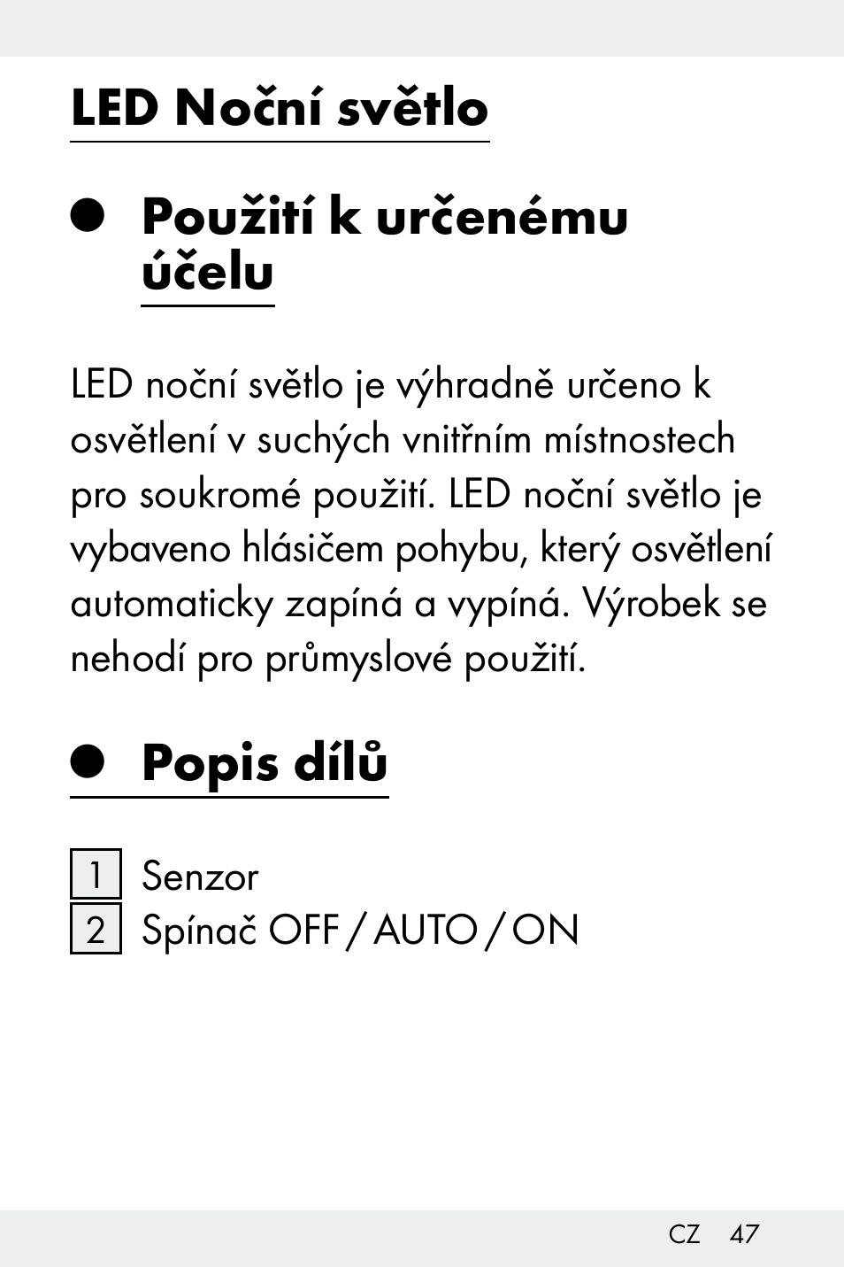 Led noční světlo, Použití k určenému účelu, Popis dílů | Livarno Z31499B-BS User Manual | Page 47 / 75