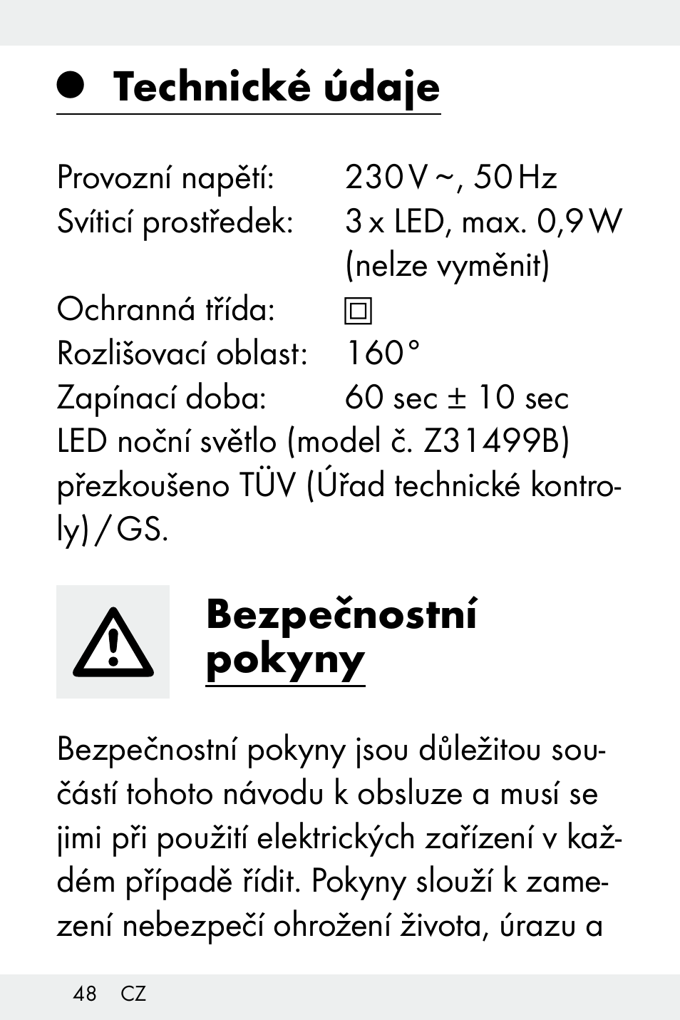 Technické údaje, Bezpečnostní pokyny | Livarno Z31499B-BS User Manual | Page 48 / 75