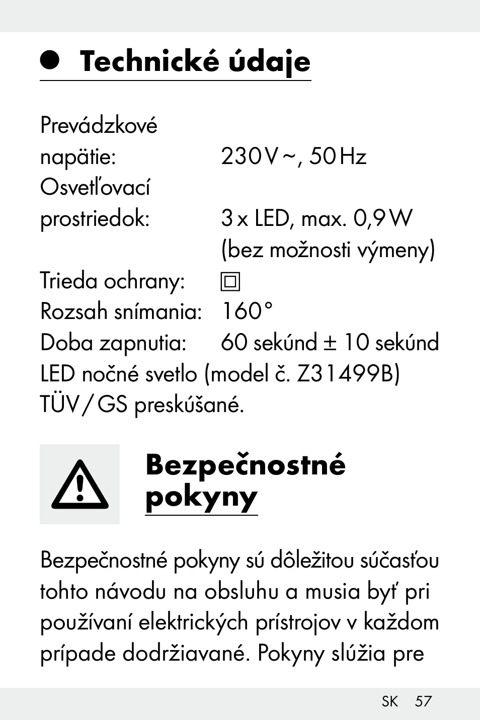 Technické údaje, Bezpečnostné pokyny | Livarno Z31499B-BS User Manual | Page 57 / 75