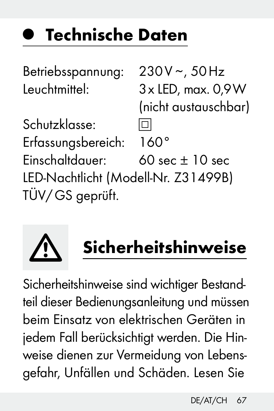 Technische daten, Sicherheitshinweise | Livarno Z31499B-BS User Manual | Page 67 / 75