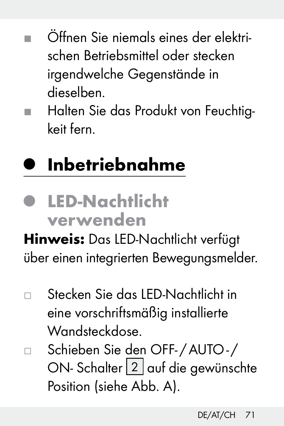 Inbetriebnahme, Led-nachtlicht verwenden | Livarno Z31499B-BS User Manual | Page 71 / 75