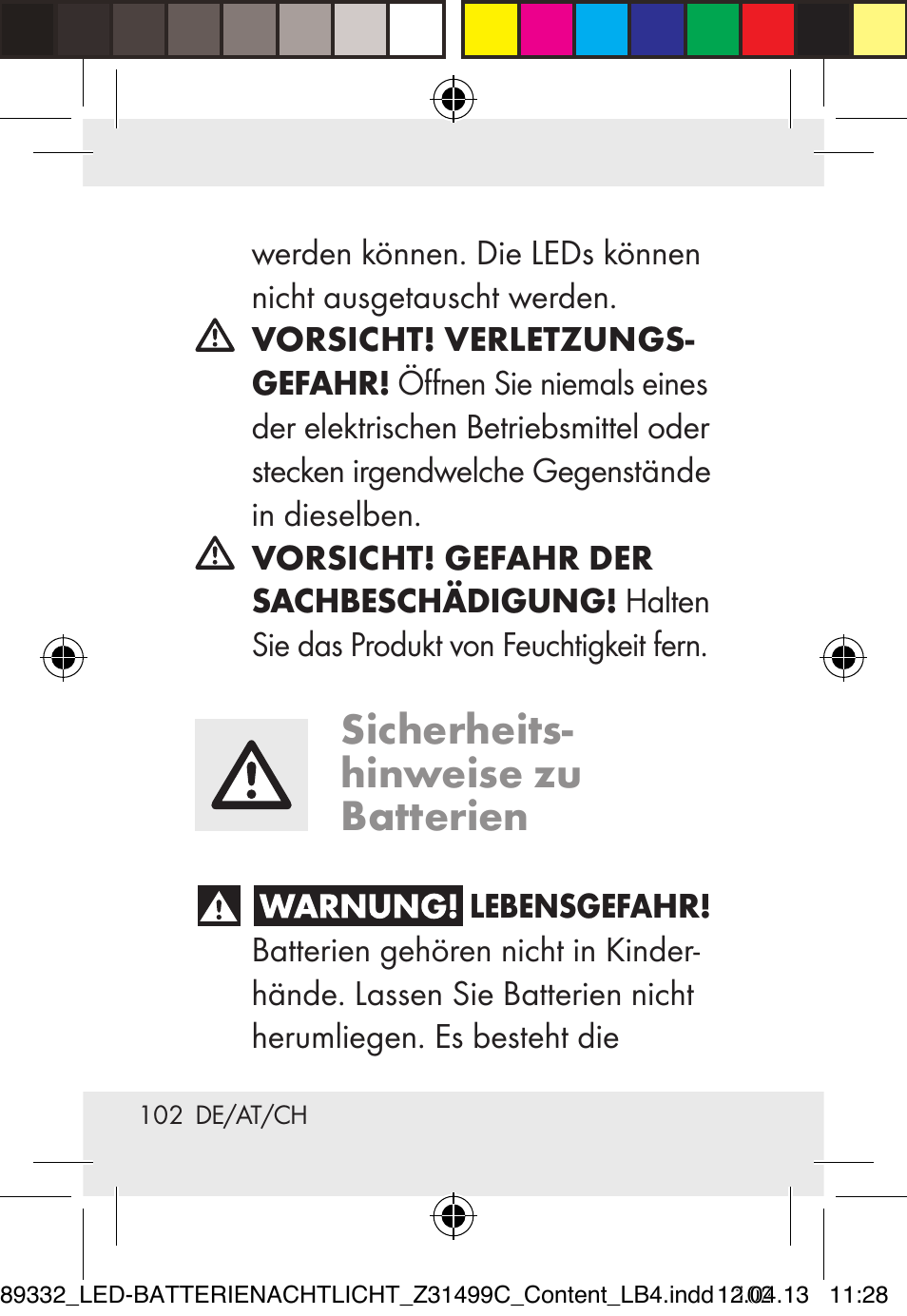 Sicherheits- hinweise zu batterien | Livarno Z31499C User Manual | Page 102 / 111