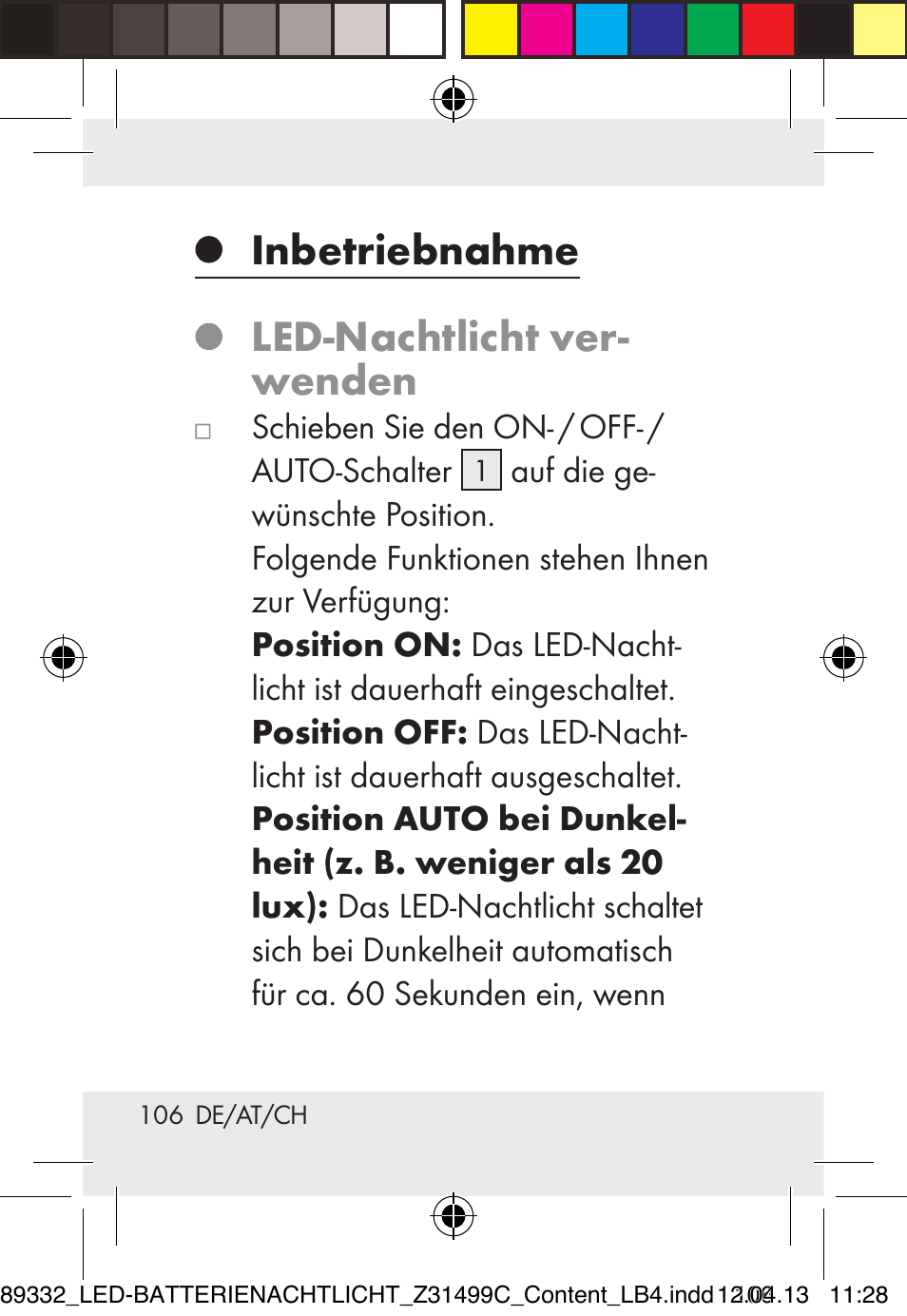 Inbetriebnahme, Led-nachtlicht ver- wenden | Livarno Z31499C User Manual | Page 106 / 111