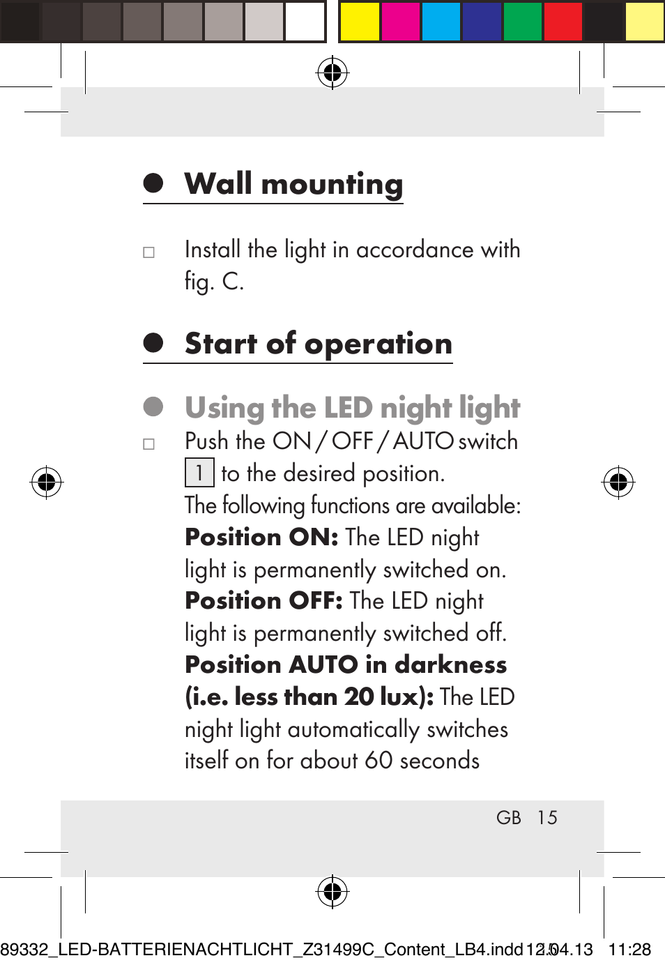 Wall mounting, Start of operation using the led night light | Livarno Z31499C User Manual | Page 15 / 111