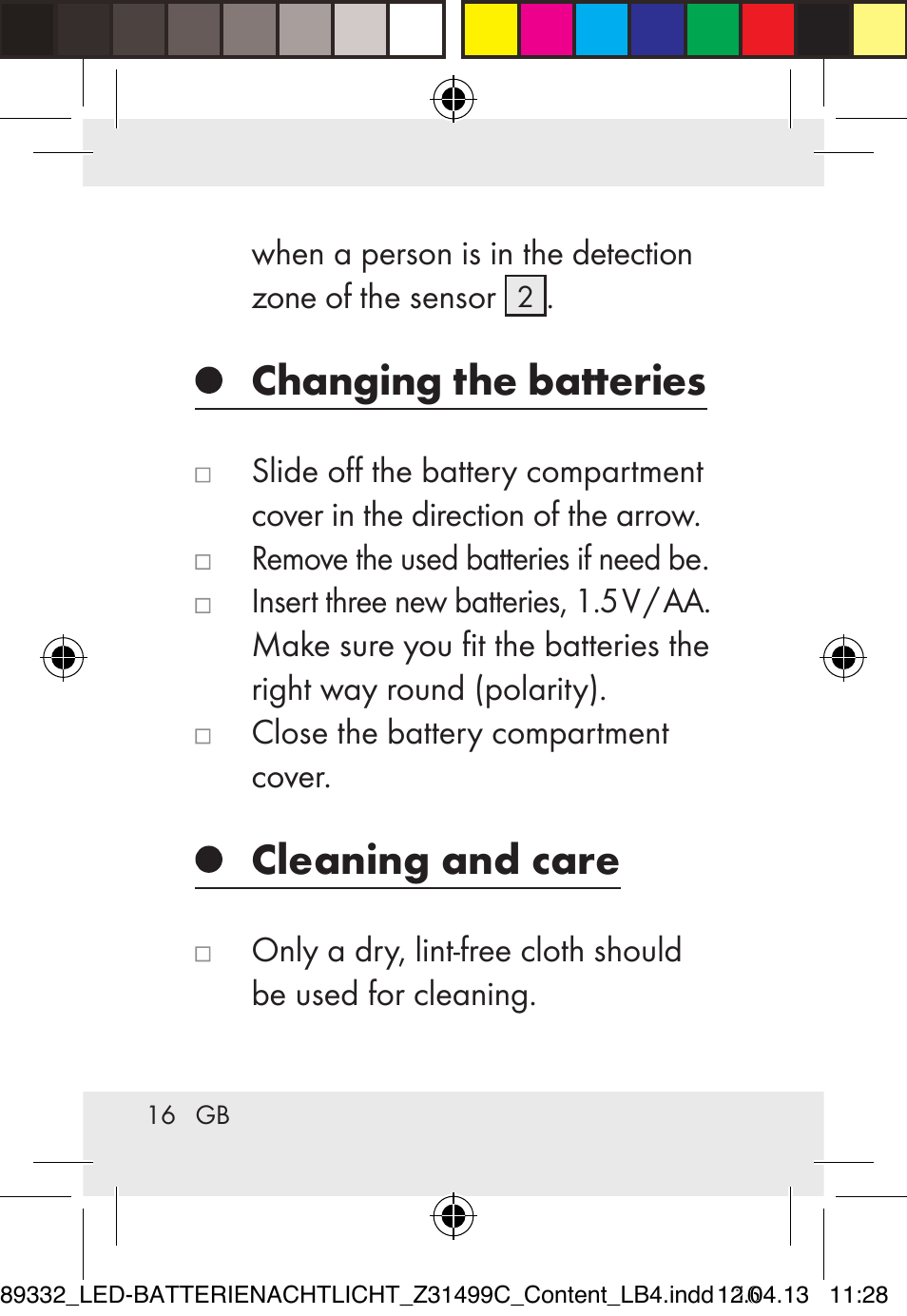 Changing the batteries, Cleaning and care | Livarno Z31499C User Manual | Page 16 / 111