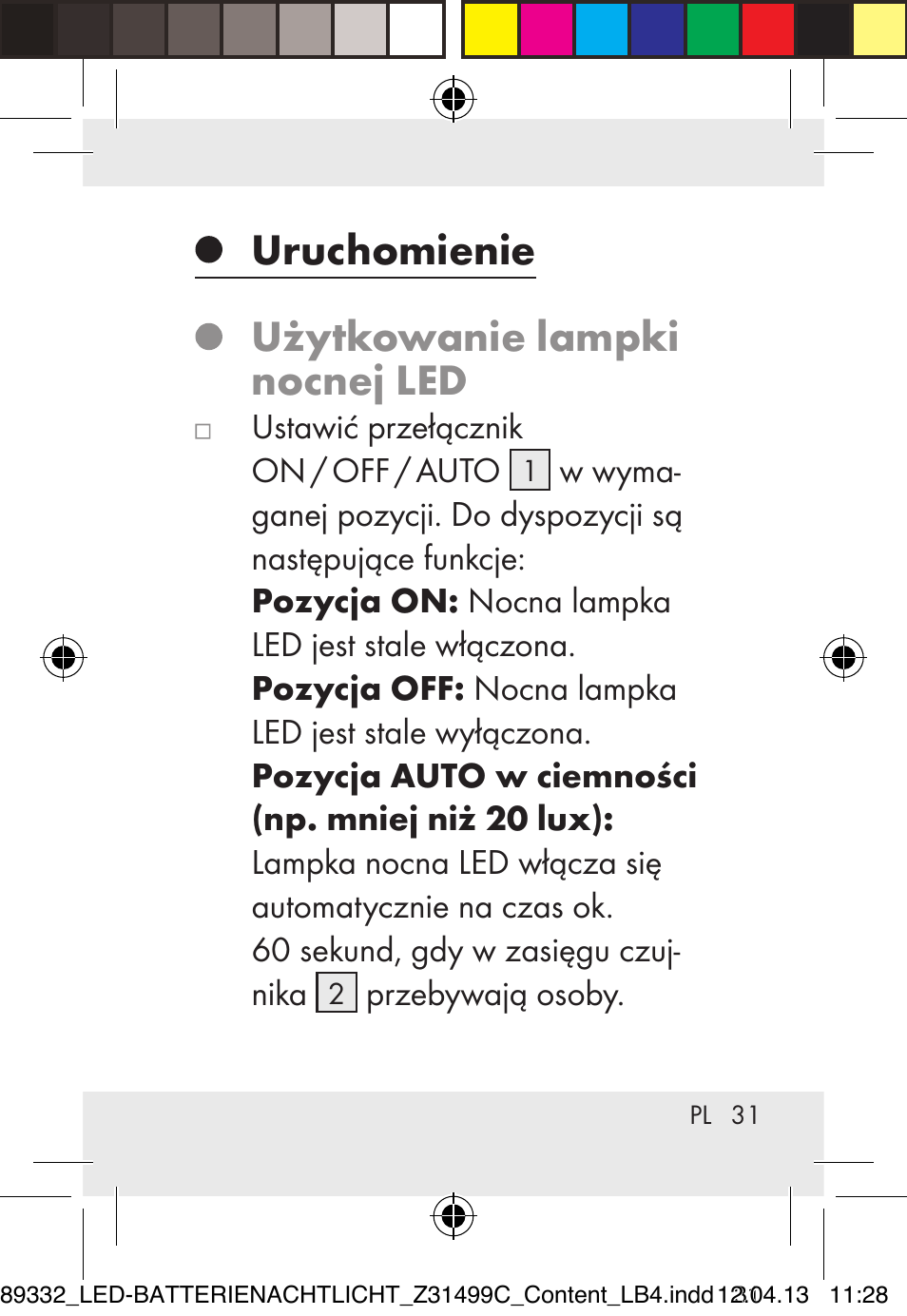 Uruchomienie, Użytkowanie lampki nocnej led | Livarno Z31499C User Manual | Page 31 / 111