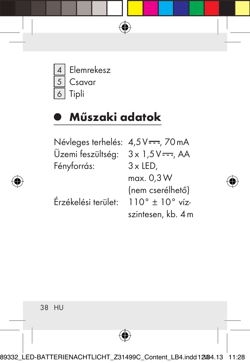 Műszaki adatok | Livarno Z31499C User Manual | Page 38 / 111