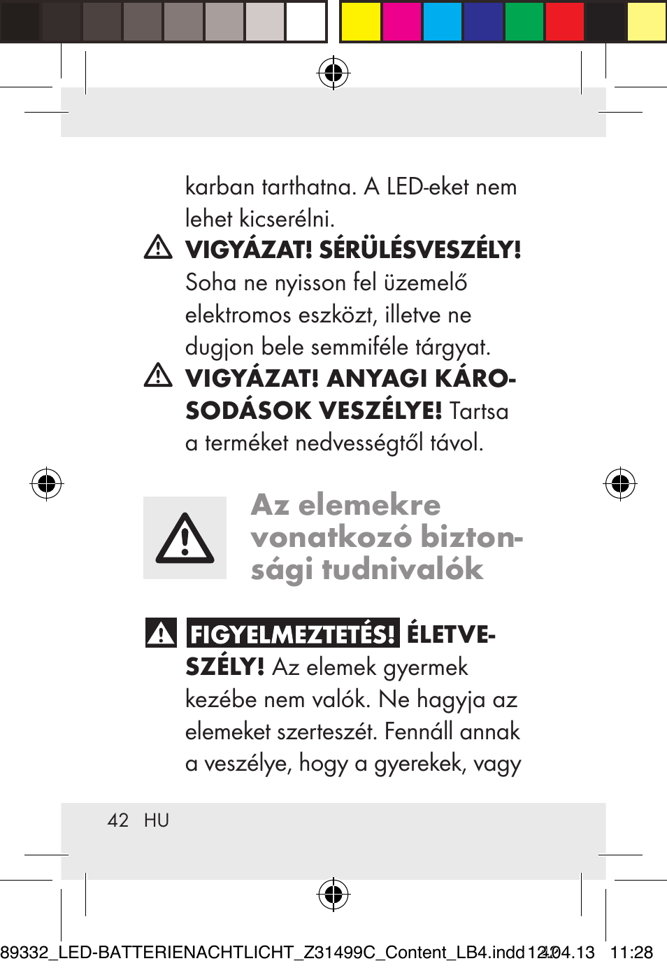 Az elemekre vonatkozó bizton- sági tudnivalók | Livarno Z31499C User Manual | Page 42 / 111