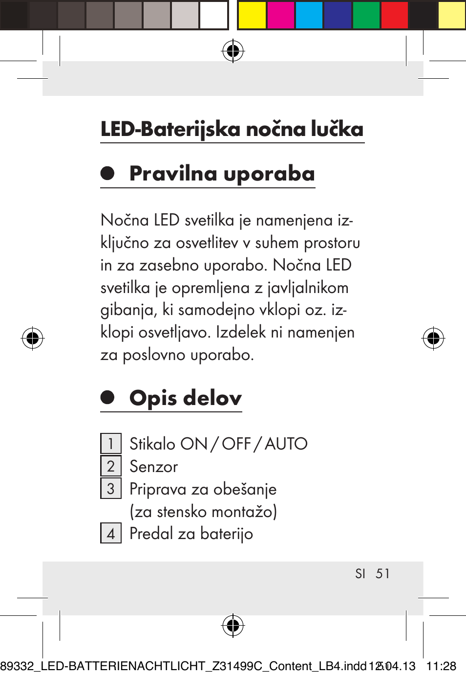 Led-baterijska nočna lučka pravilna uporaba, Opis delov | Livarno Z31499C User Manual | Page 51 / 111