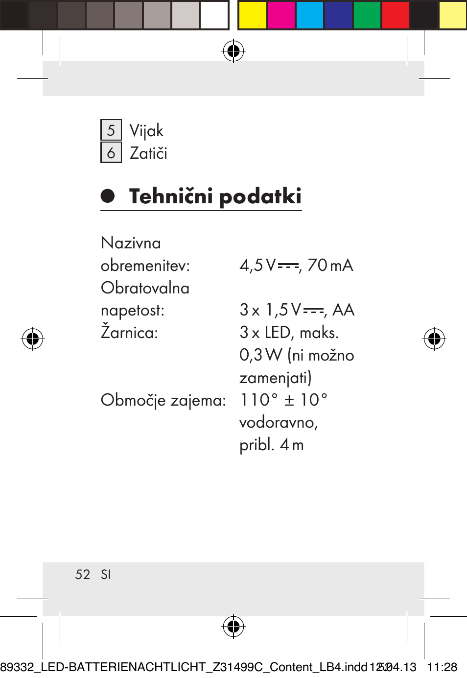 Tehnični podatki | Livarno Z31499C User Manual | Page 52 / 111