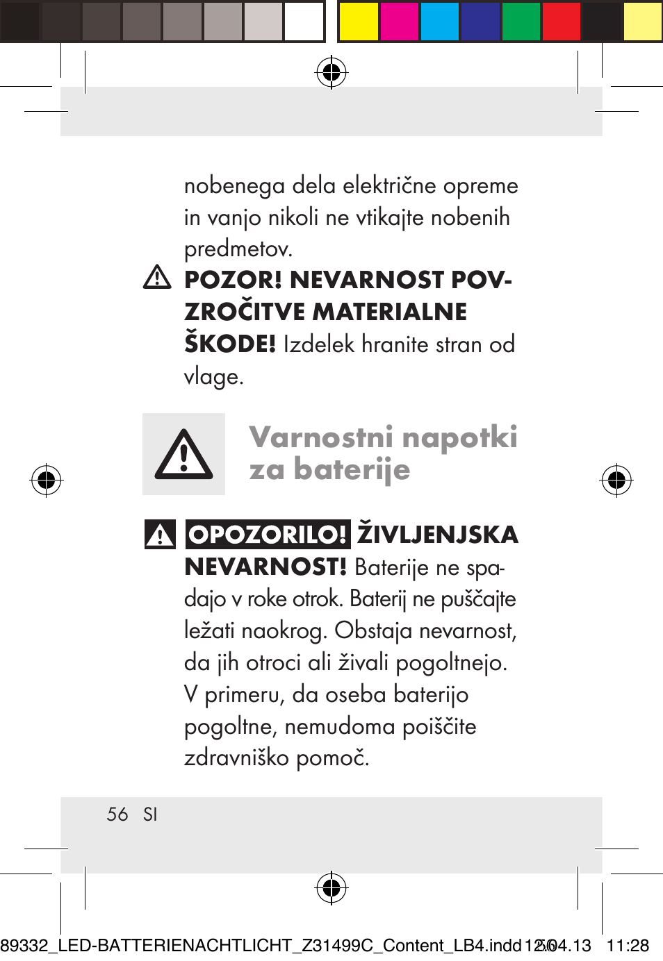 Varnostni napotki za baterije | Livarno Z31499C User Manual | Page 56 / 111