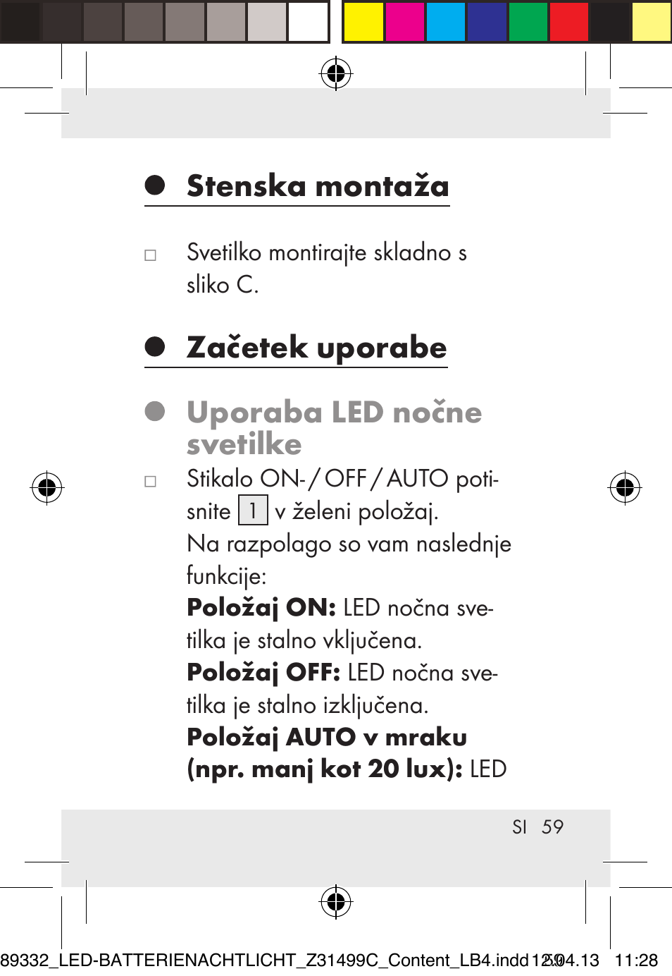 Stenska montaža, Začetek uporabe, Uporaba led nočne svetilke | Livarno Z31499C User Manual | Page 59 / 111