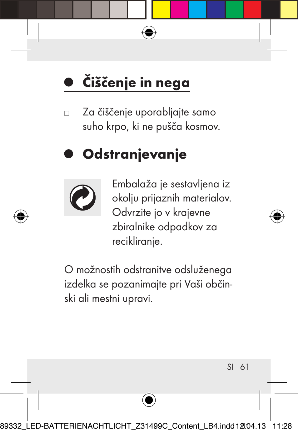 Čiščenje in nega, Odstranjevanje | Livarno Z31499C User Manual | Page 61 / 111