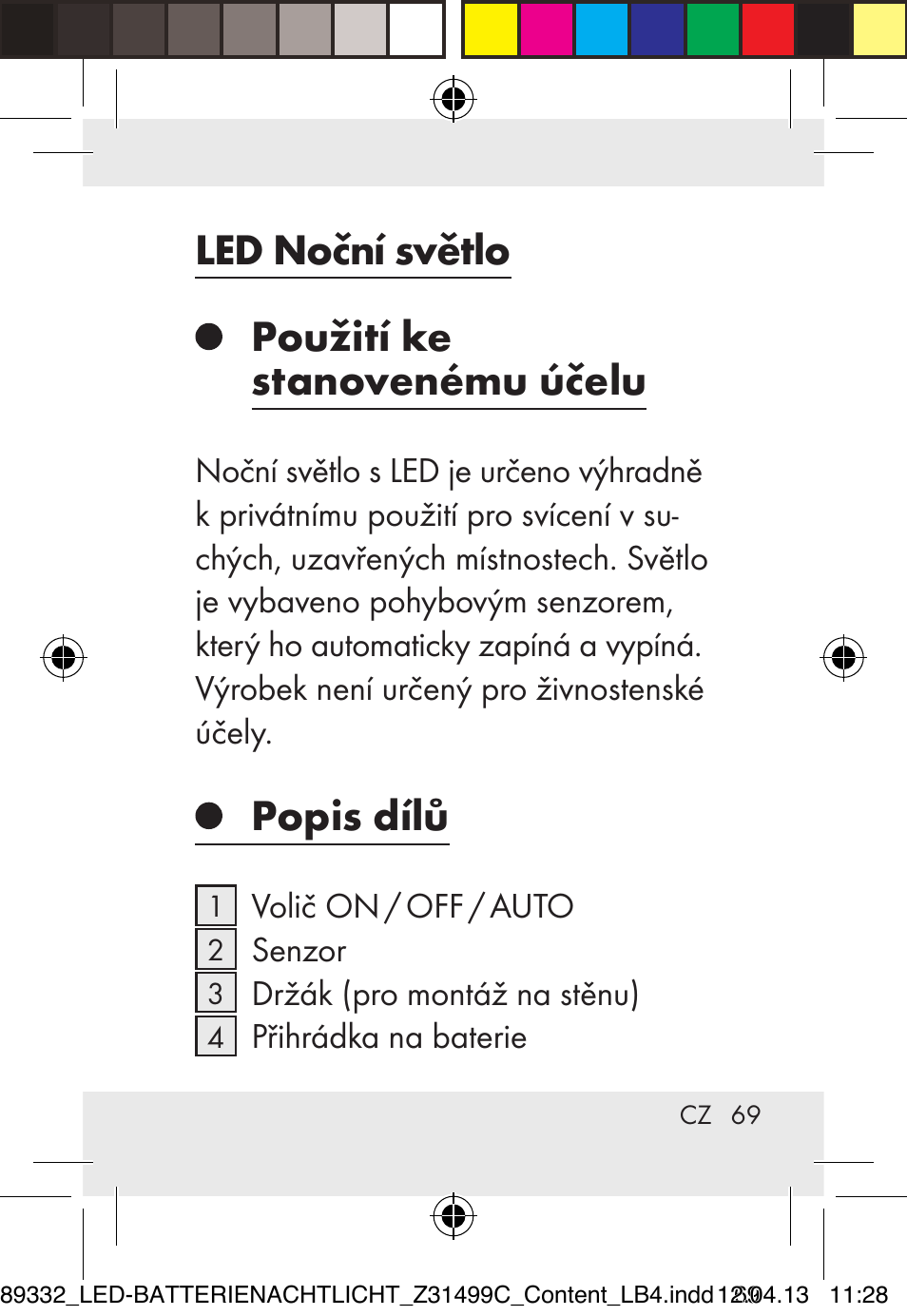 Led noční světlo použití ke stanovenému účelu, Popis dílů | Livarno Z31499C User Manual | Page 69 / 111