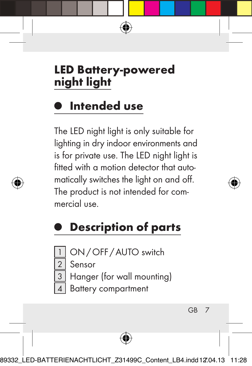 Led battery-powered night light intended use, Description of parts | Livarno Z31499C User Manual | Page 7 / 111