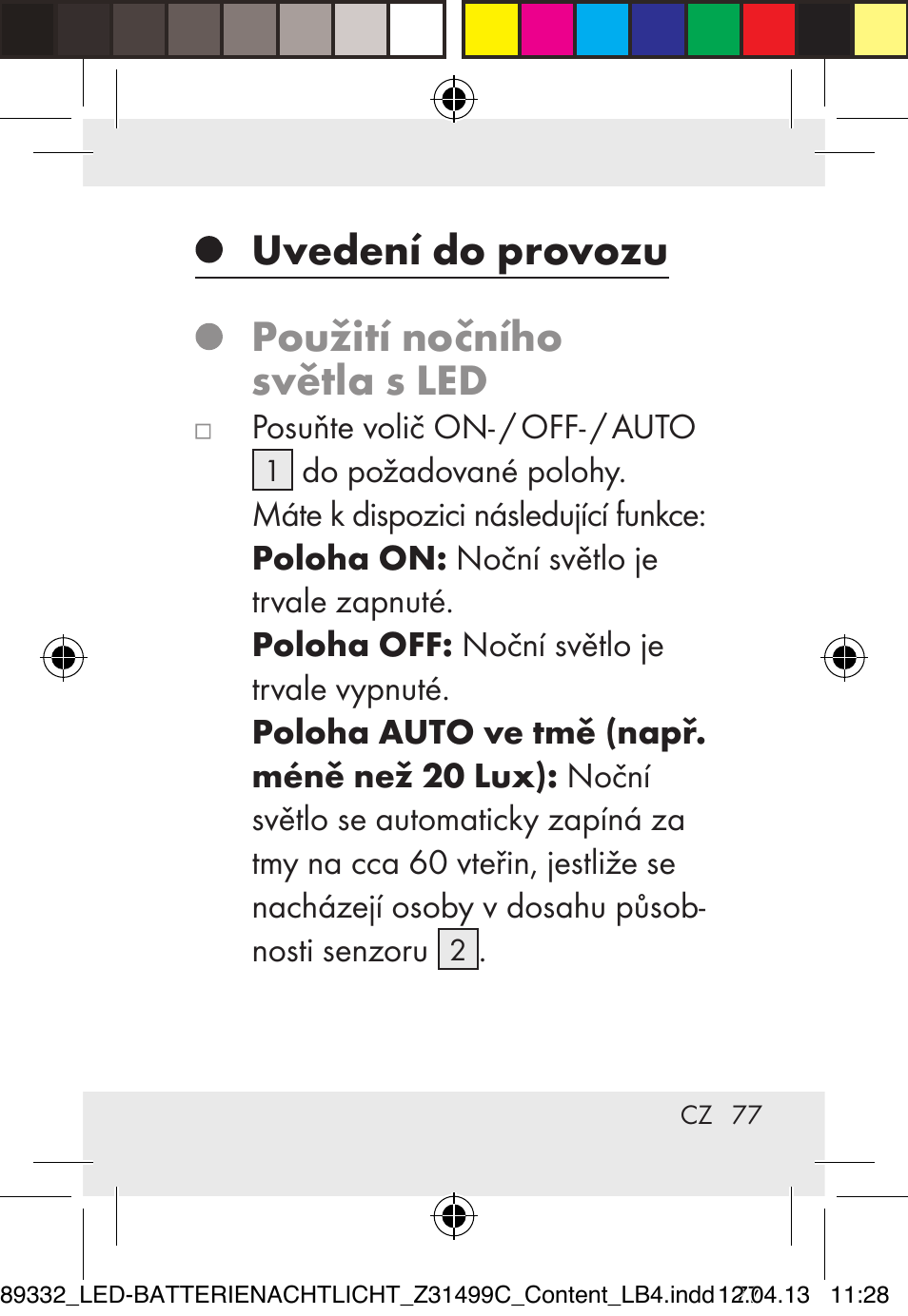 Uvedení do provozu, Použití nočního světla s led | Livarno Z31499C User Manual | Page 77 / 111