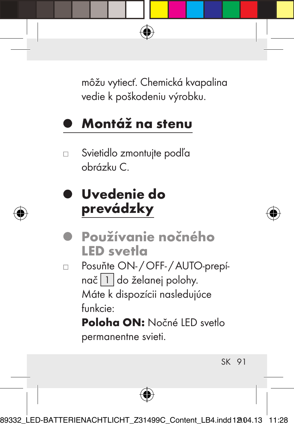 Montáž na stenu, Uvedenie do prevádzky, Používanie nočného led svetla | Livarno Z31499C User Manual | Page 91 / 111