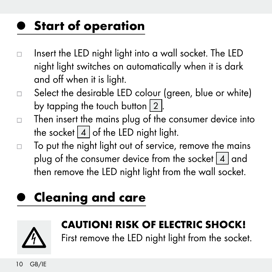 Start of operation, Cleaning and care | Livarno Z31503-BS User Manual | Page 10 / 13