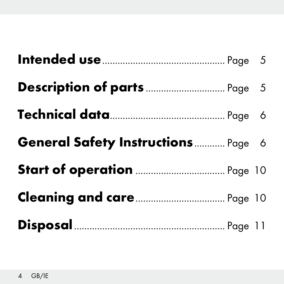 Intended use, Description of parts, Technical data | General safety instructions, Start of operation, Cleaning and care, Disposal | Livarno Z31503-BS User Manual | Page 4 / 13