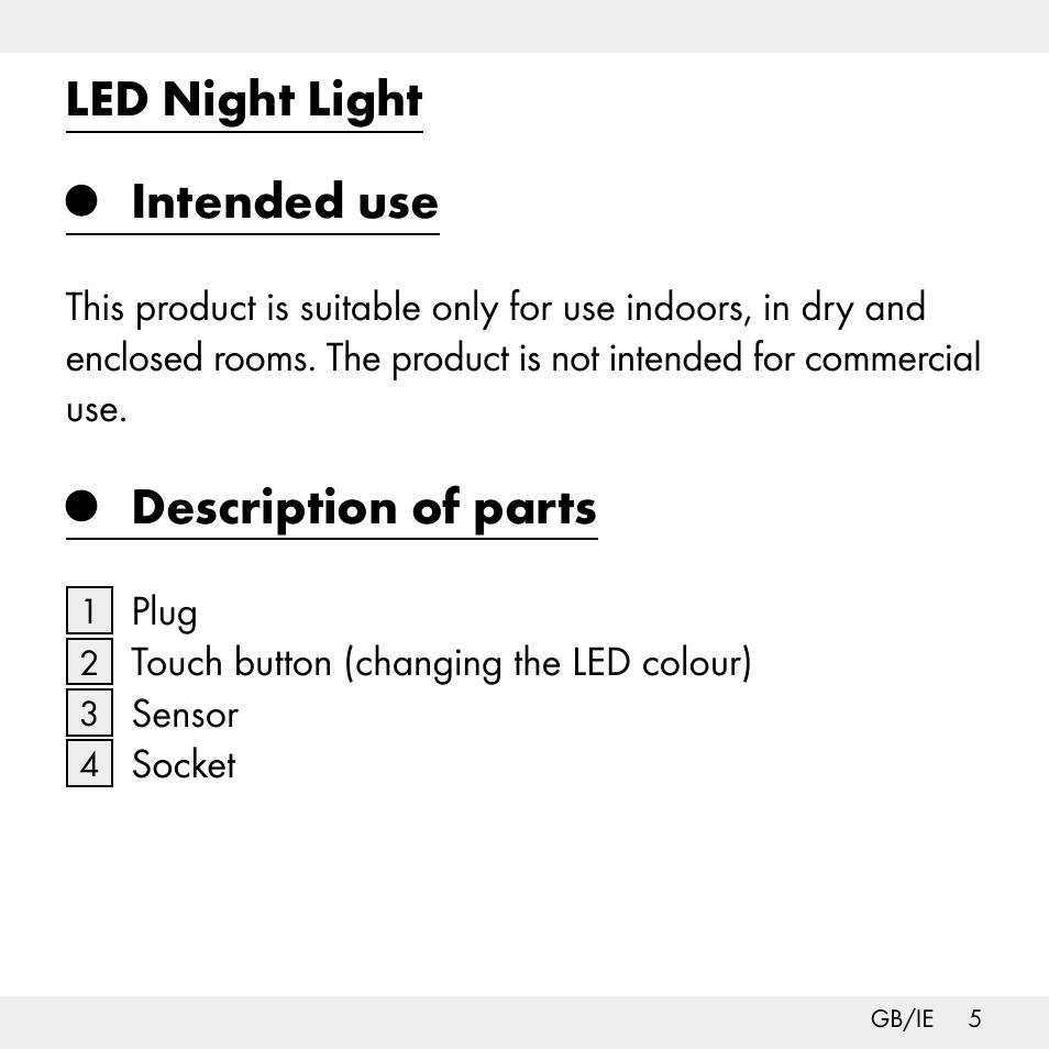 Led night light, Intended use, Description of parts | Livarno Z31503-BS User Manual | Page 5 / 13