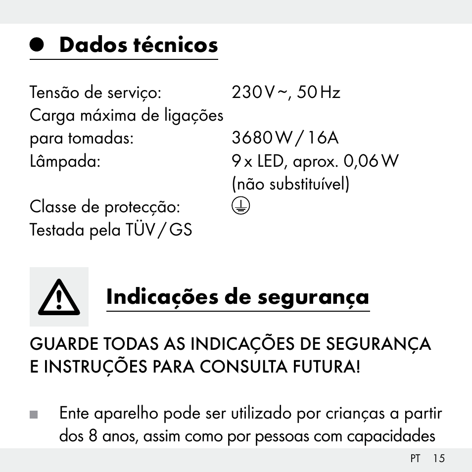 Dados técnicos, Indicações de segurança | Livarno Z31503-BS User Manual | Page 15 / 40