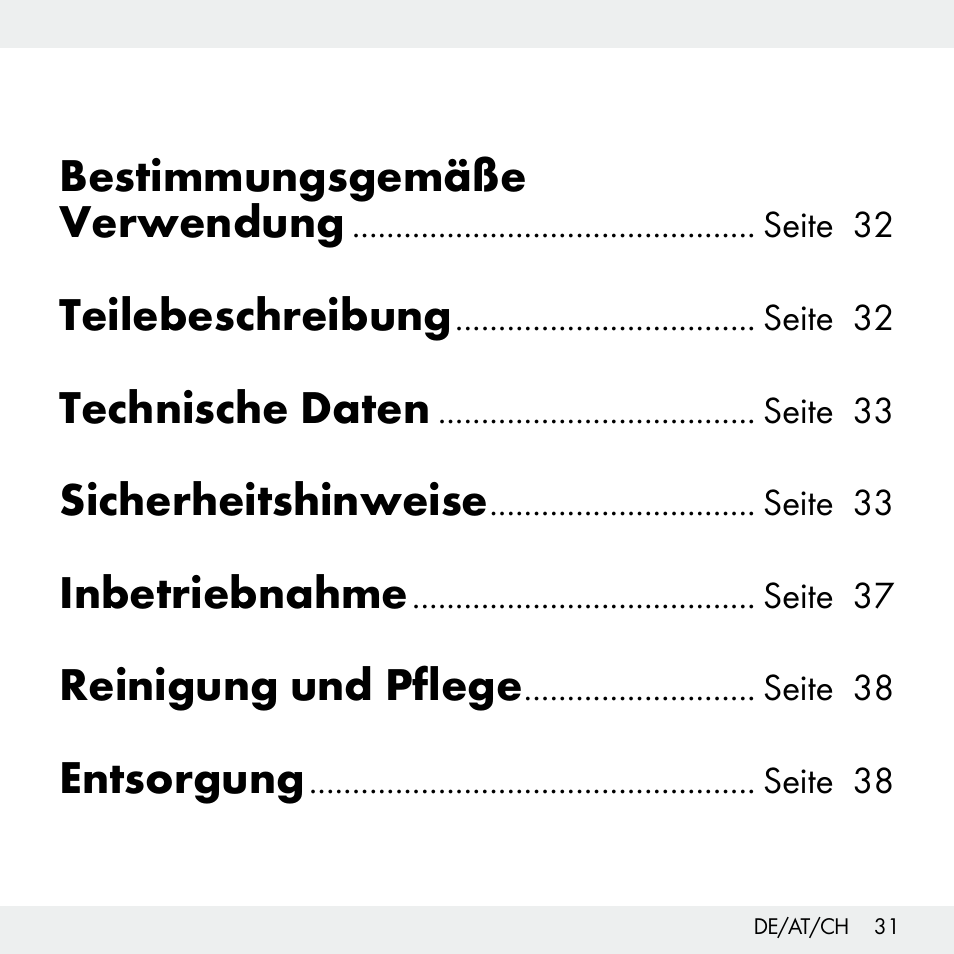 Bestimmungsgemäße verwendung, Teilebeschreibung, Technische daten | Sicherheitshinweise, Inbetriebnahme, Reinigung und pflege, Entsorgung | Livarno Z31503-BS User Manual | Page 31 / 40