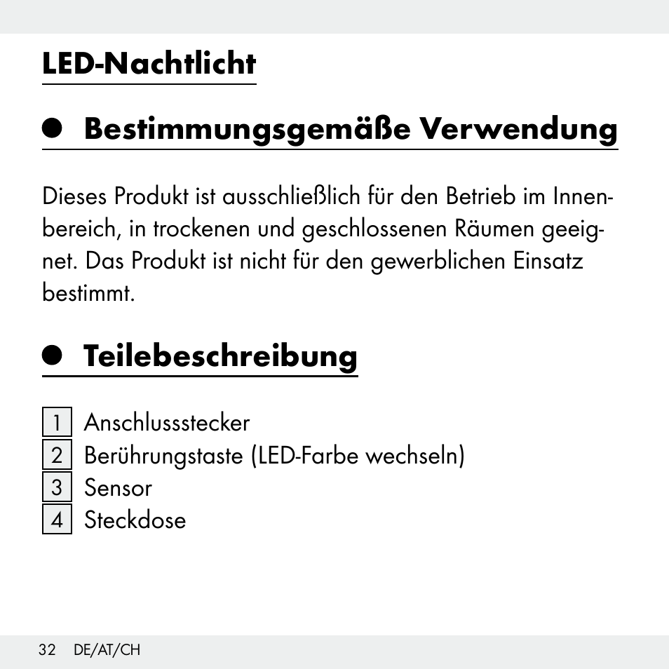 Led-nachtlicht, Bestimmungsgemäße verwendung, Teilebeschreibung | Livarno Z31503-BS User Manual | Page 32 / 40