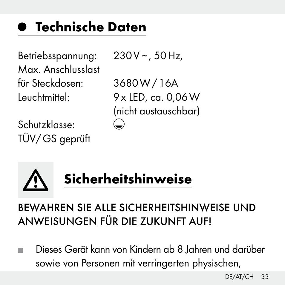 Technische daten, Sicherheitshinweise | Livarno Z31503-BS User Manual | Page 33 / 40