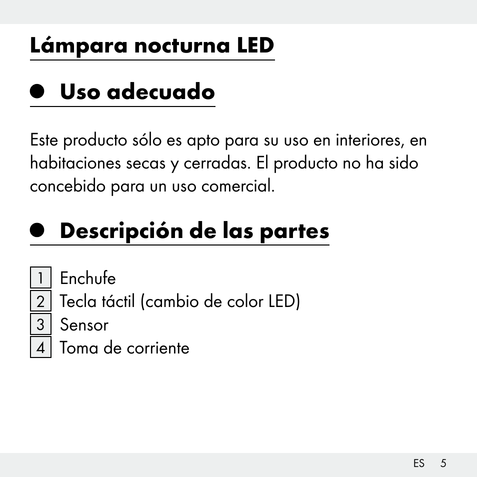 Lámpara nocturna led uso adecuado, Descripción de las partes | Livarno Z31503-BS User Manual | Page 5 / 40